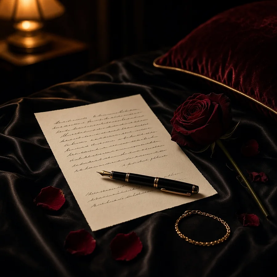 Um contrato manuscrito sobre lençóis de cetim preto, com uma caneta tinteiro, uma rosa vermelha e uma pulseira dourada