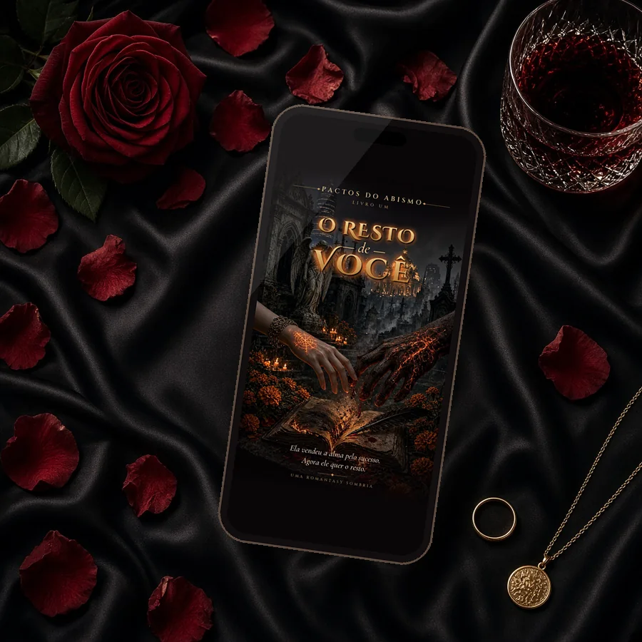 Celular com o ebook O Resto de Você sobre cetim preto, entre pétalas de rosa, uma taça de vinho e joias douradas
